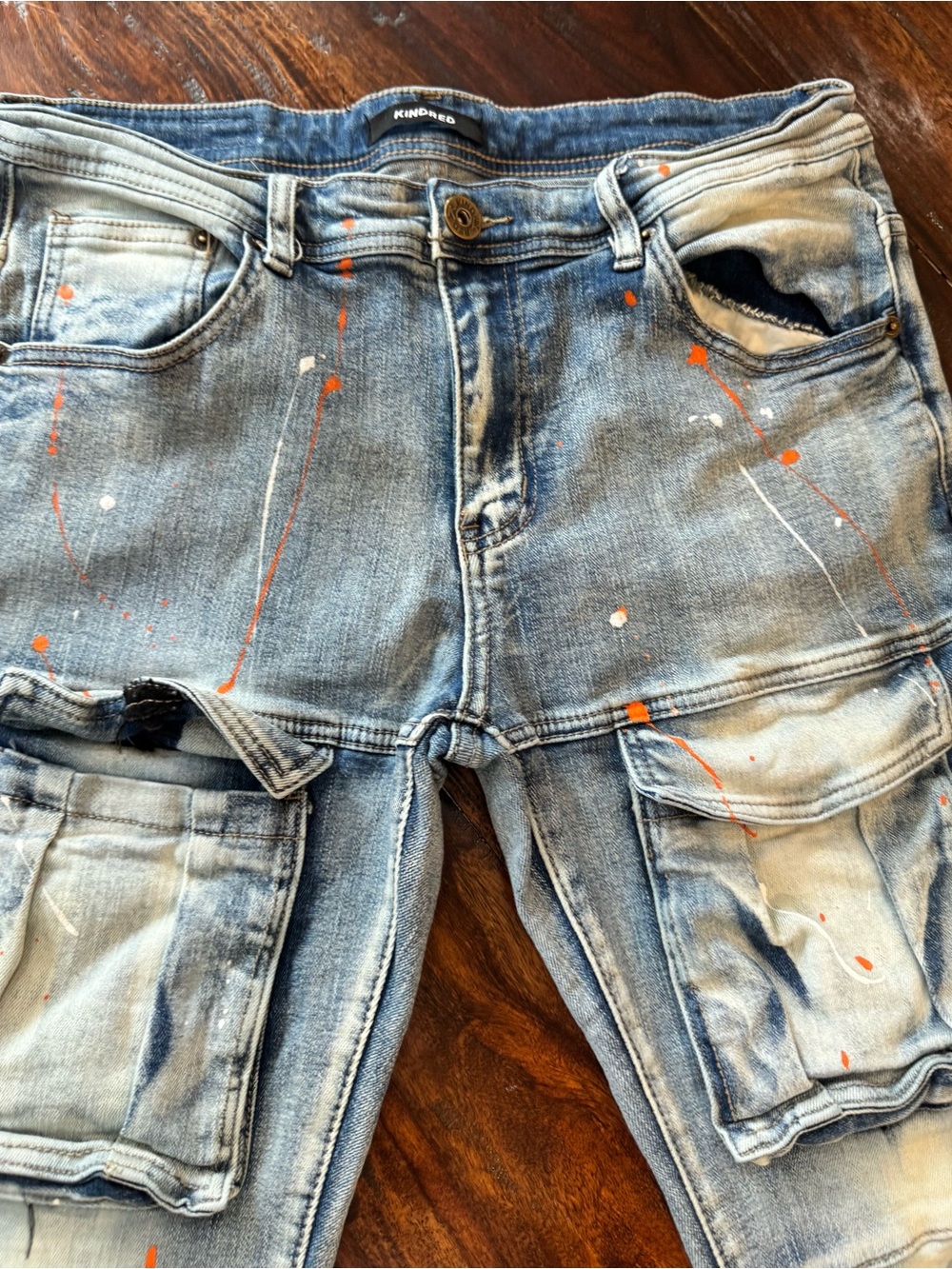 Rinse Light Wash Men's Skinny Cargo Jeans with Orange Paint Detail